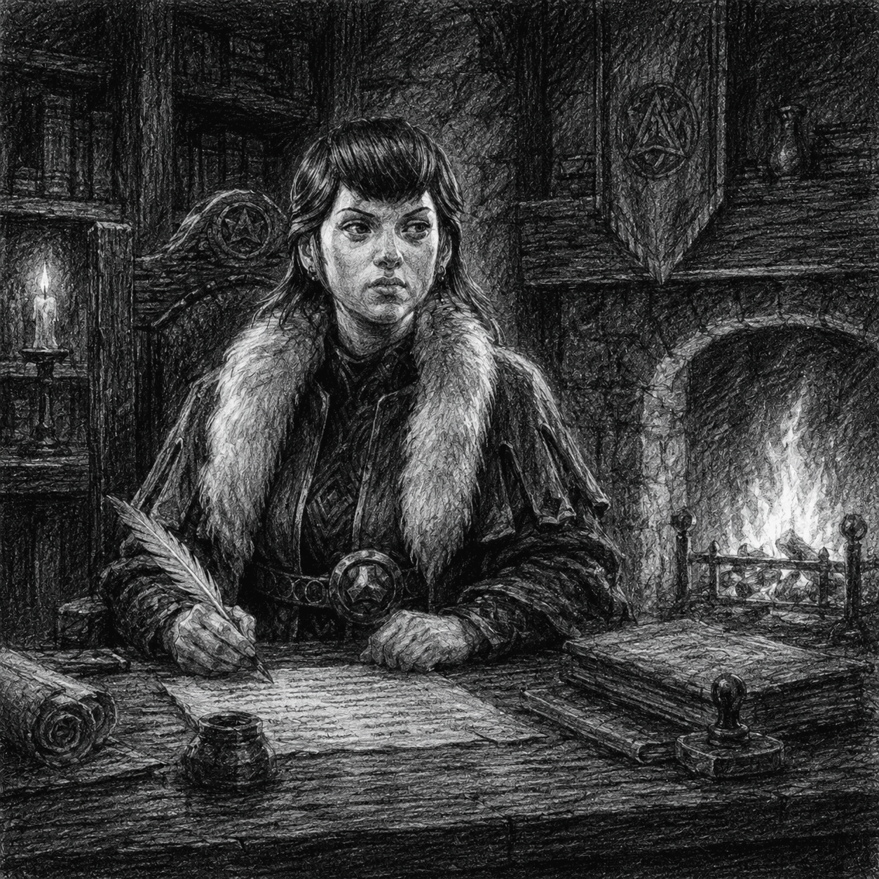 A black and white drawing of a woman sitting at a desk with a quill in her hand while a fire burns brightly in a hearth behind her.