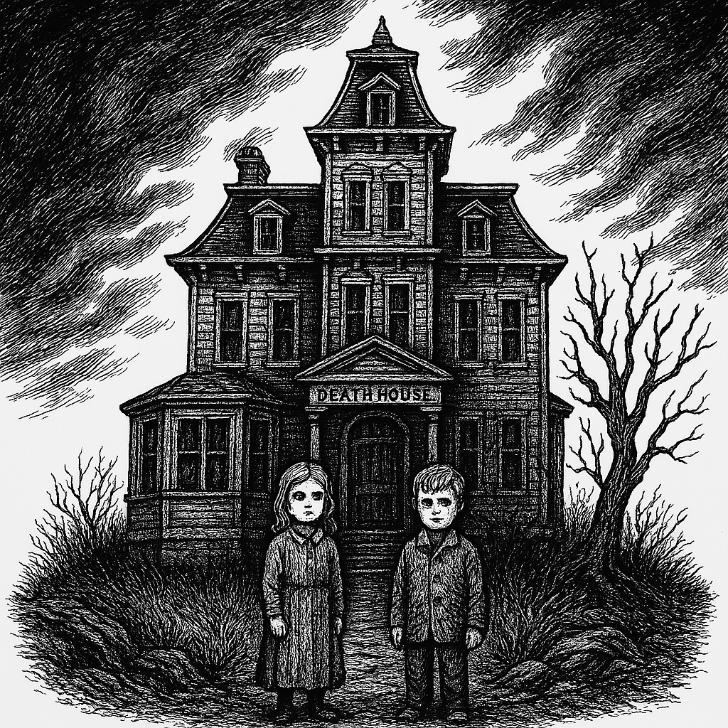 Line drawing of two young children, a boy and girl, in gothic clothing with a creepy three storey house in the background.