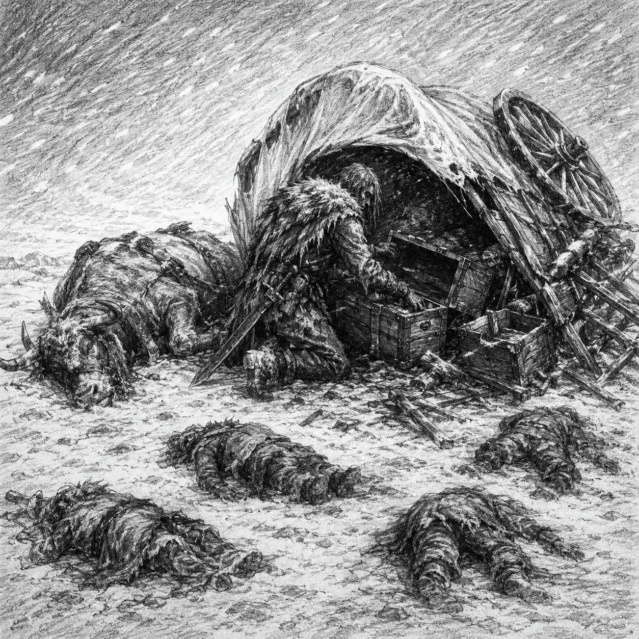 A black and white drawing of a figure rifling through a wrecked covered wagon. A fallen oxen lies nearby surrounded by bodies.