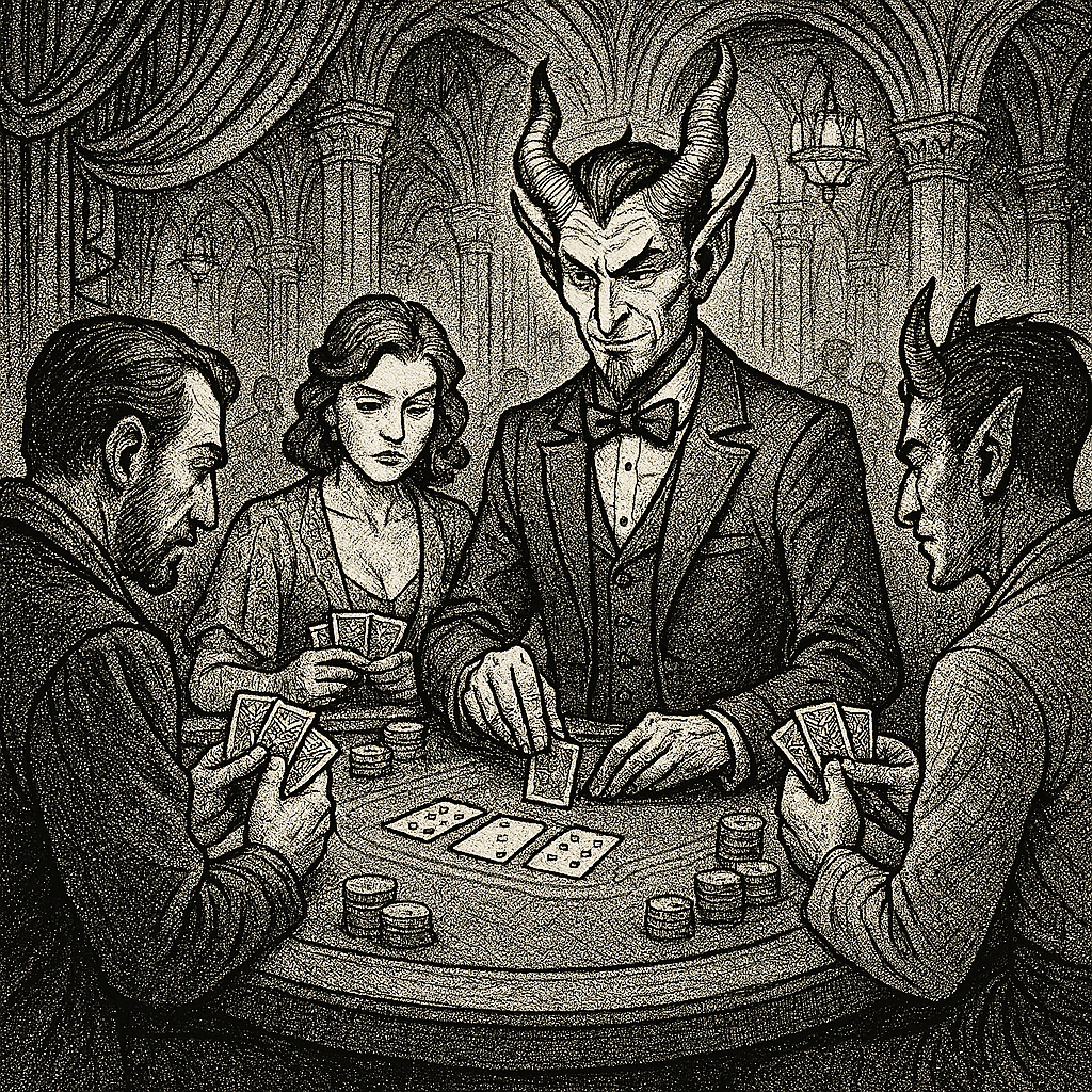 Line drawing of three people playing cards in a hellish casino with a suited devil as the dealer