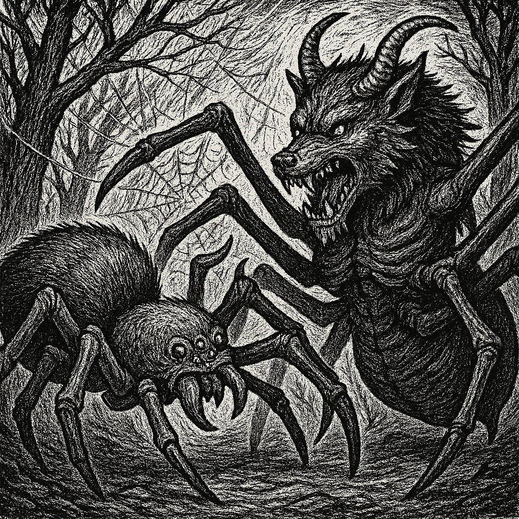 A line drawing of a giant spider in battle with a wolf headed spider demon in a blighted forest.