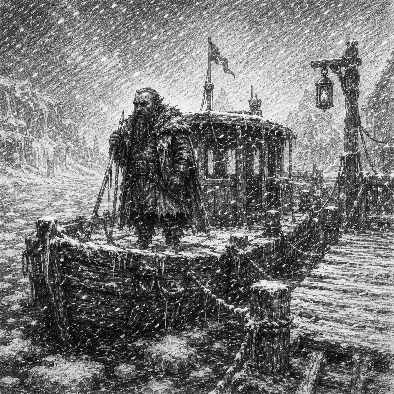 A black and white line drawing of a duergar standing on the deck of an ice bound boat moored to a jetty with snow falling.