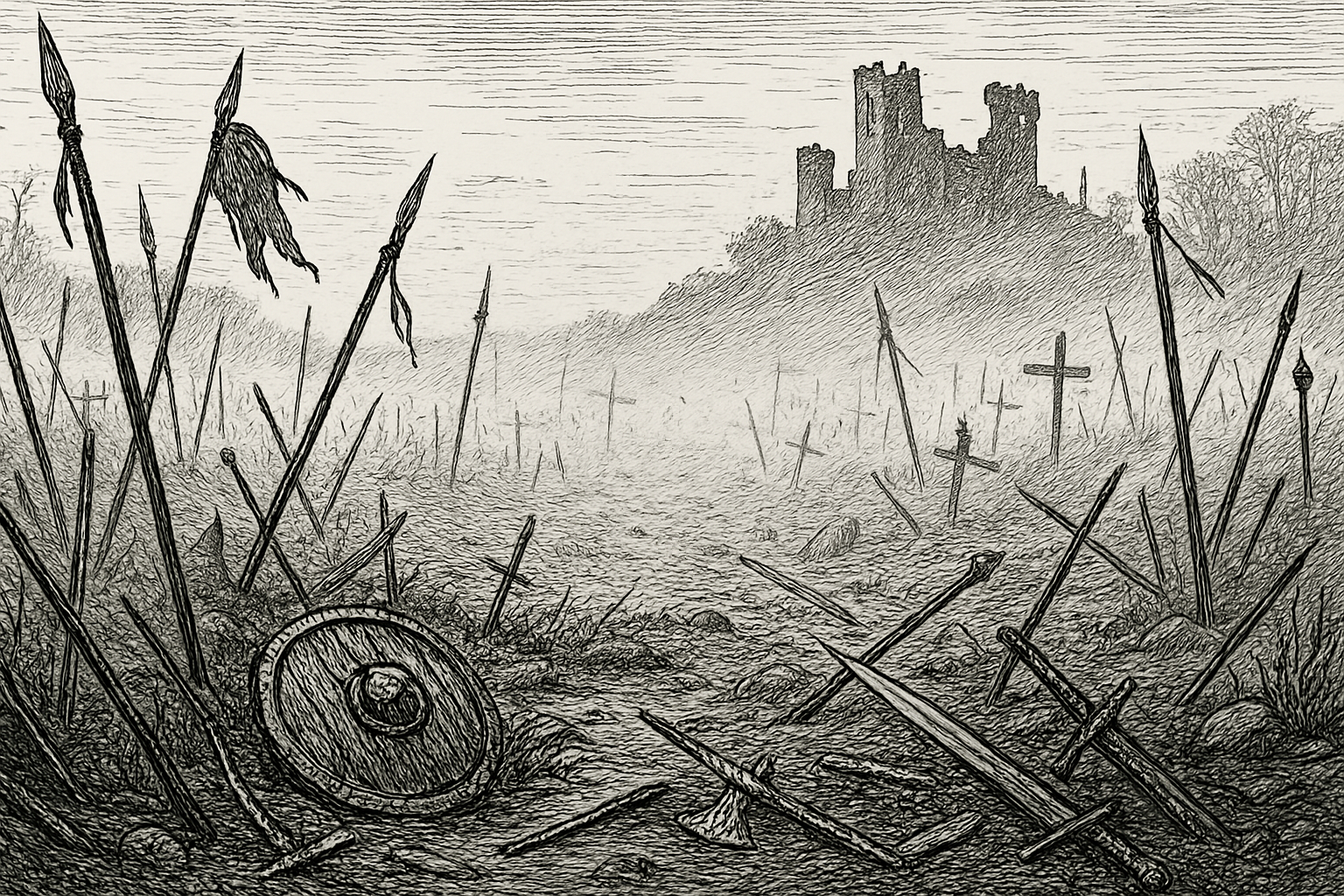 A line drawing depicting a medieval battlefield strewn with weapons and shields with a ruined keep in the distance.