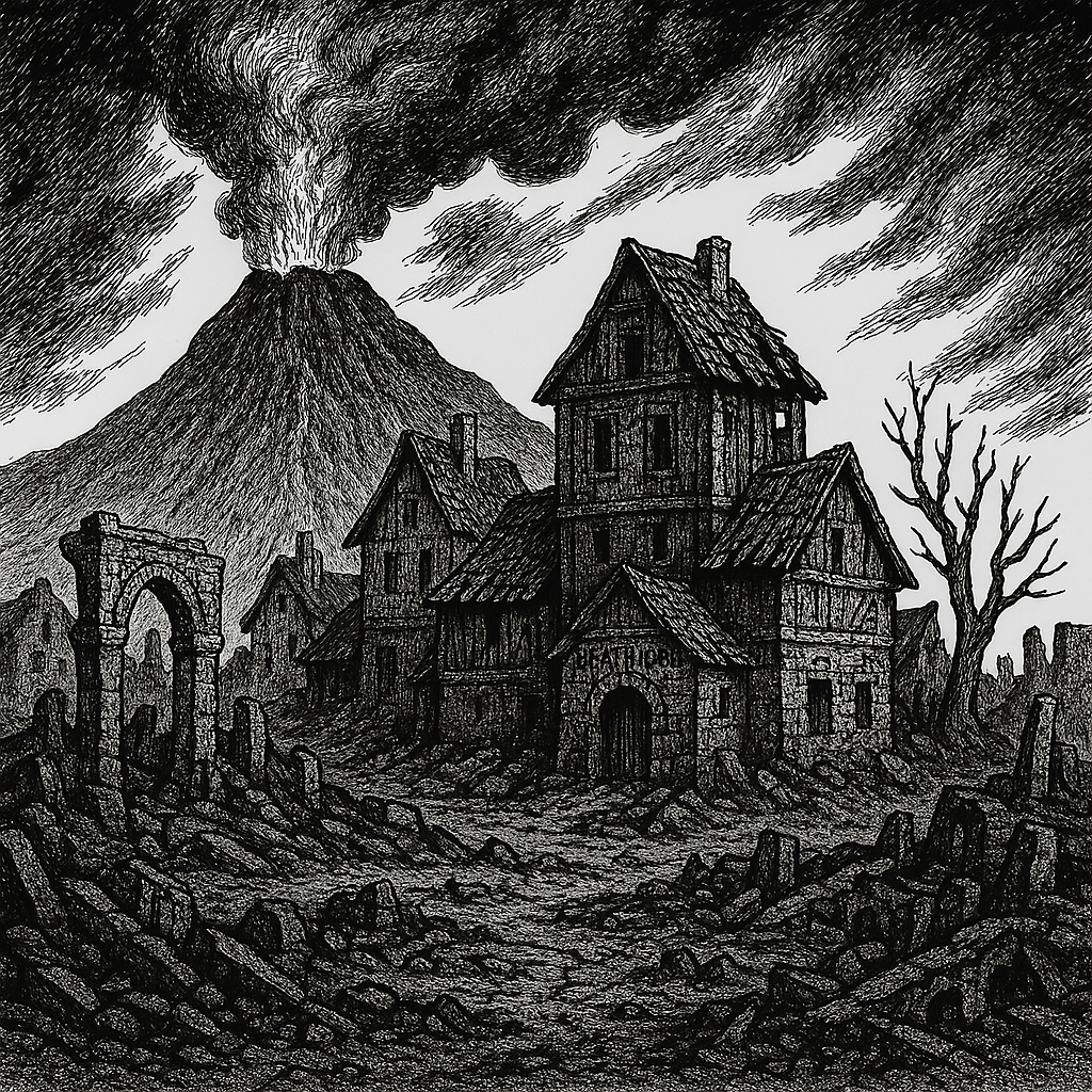 Line drawing showing a building in a ruined landscape with an erupting volcano in the background