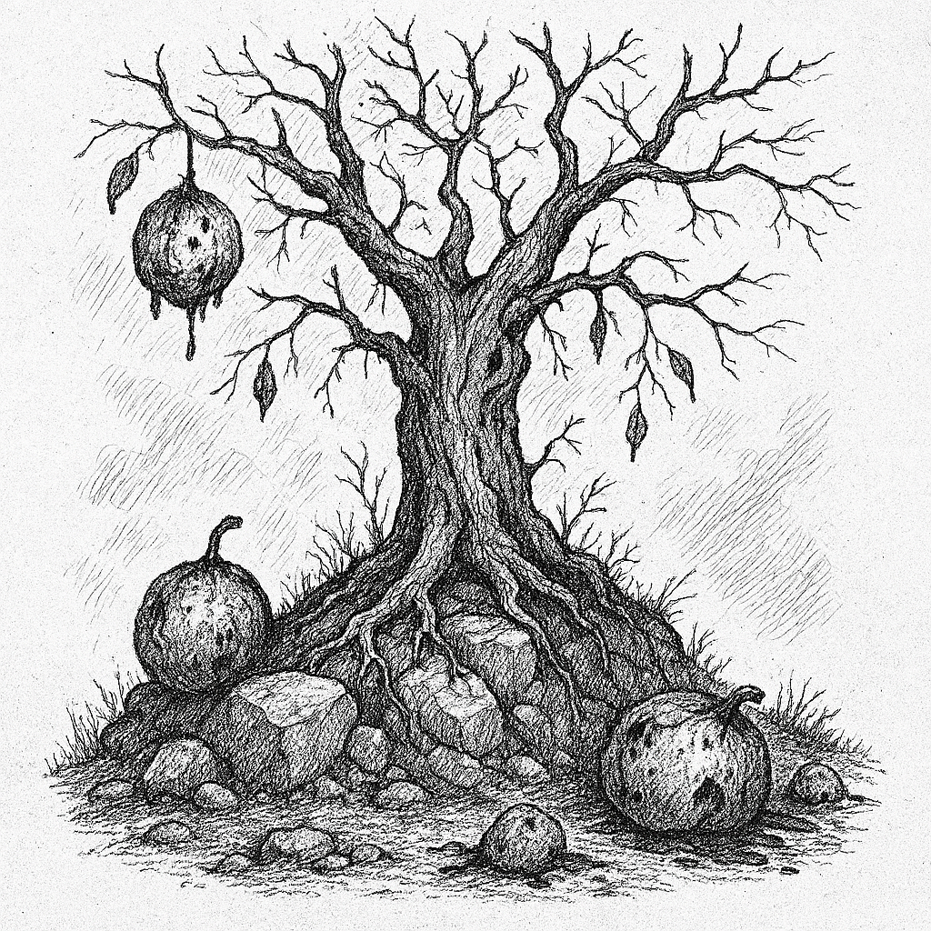A line drawing depicting a dying tree surrounded by rotting fruits.
