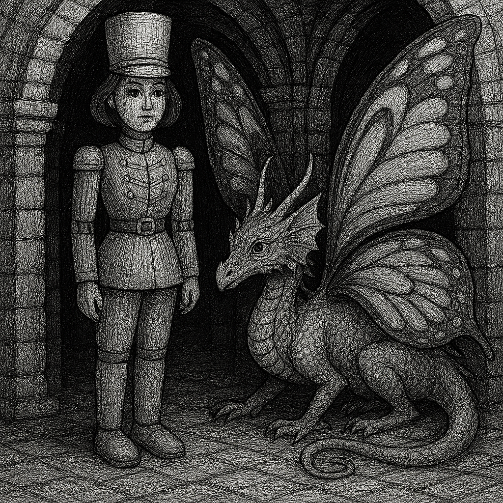 A black and white drawing of a toy soldier standing next to a dragon with butterfly wings in an underground chamber