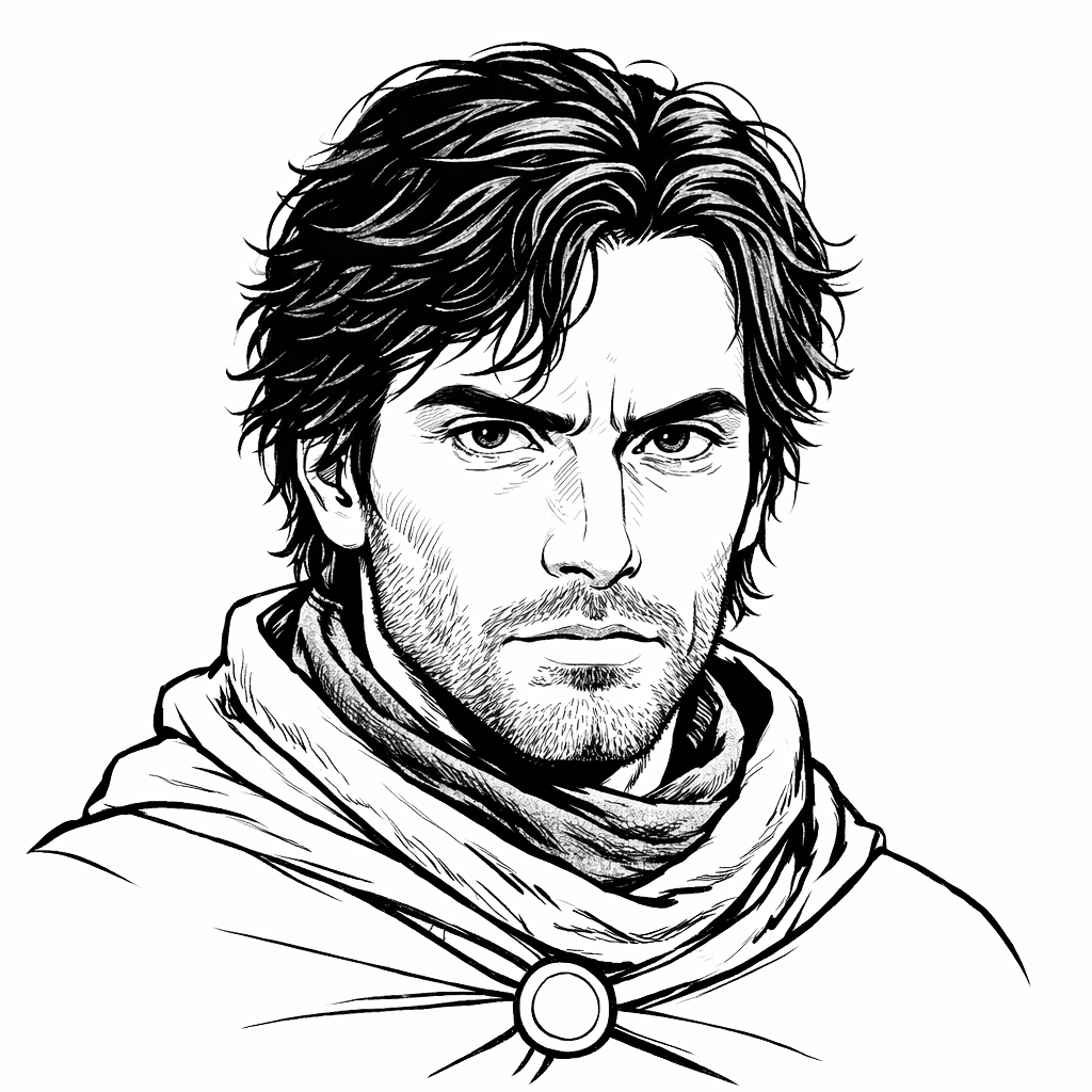 black and white drawing of a human male face handsome with dark hair and light coloured eyes
