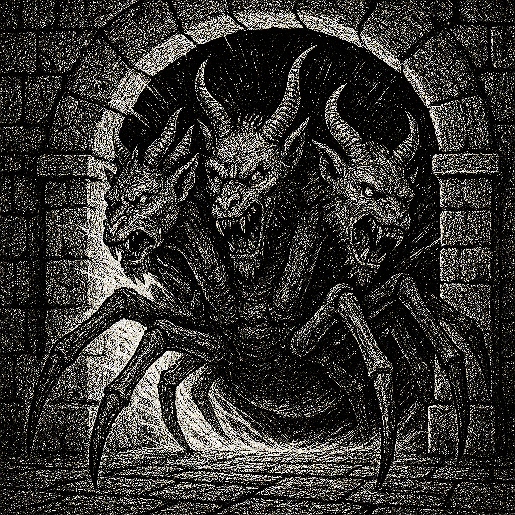 An ink drawing depicting a three headed spider demon pushing free of a rift in space in an underground chamber