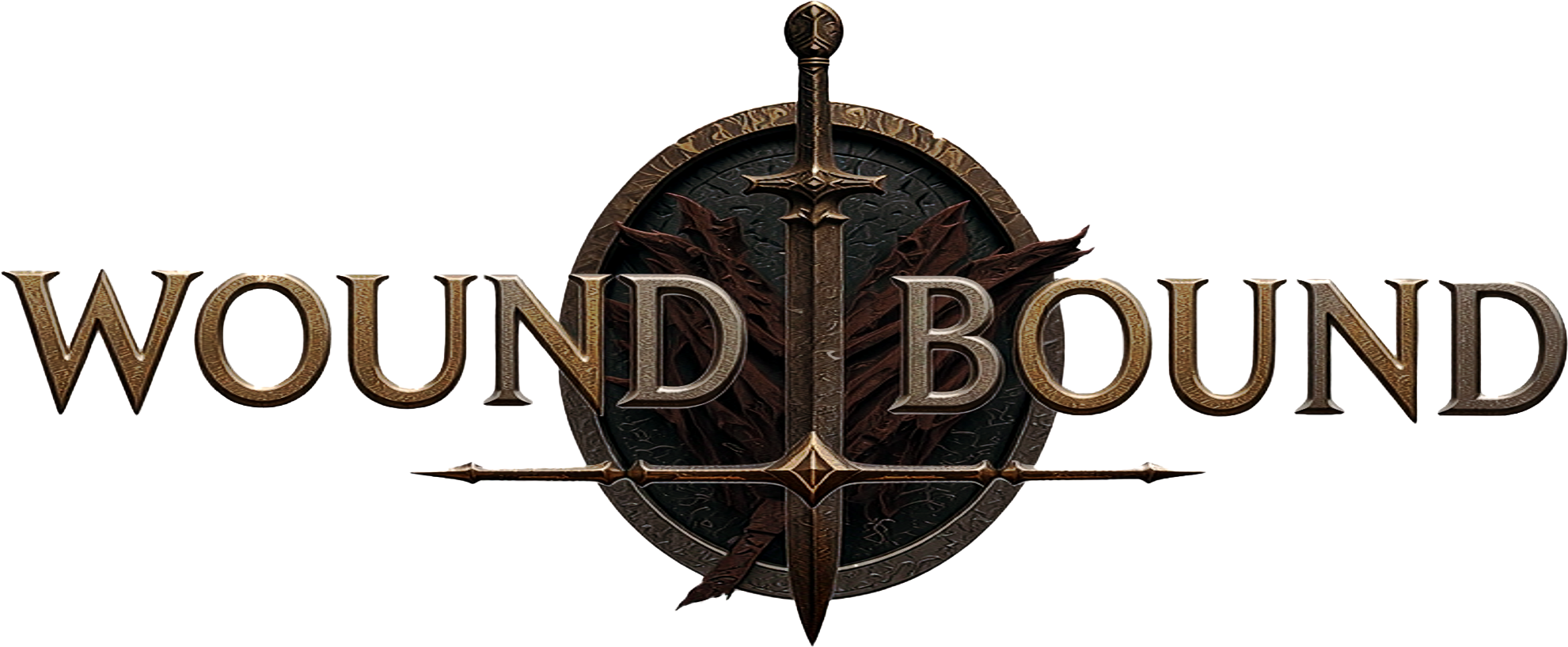 wound bound written either side of a circular shield behind a vertical sword