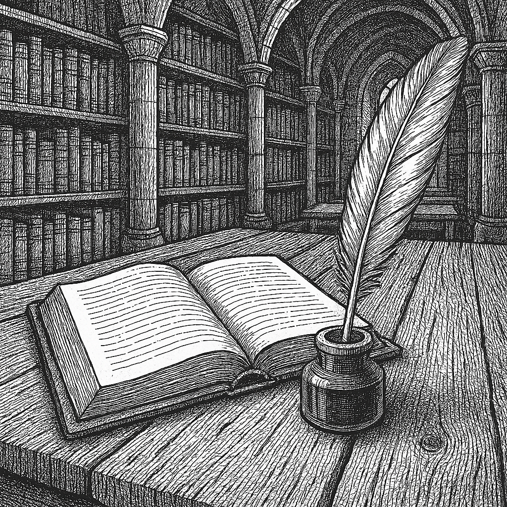 Line drawing of an open book sitting on a wooden desk beside an inkwell holding a quill.
